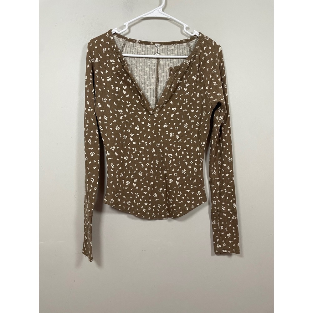 Intimately Free People Ditsy Floral Long Sleeve Ribbed Top in Brown Size Medium
